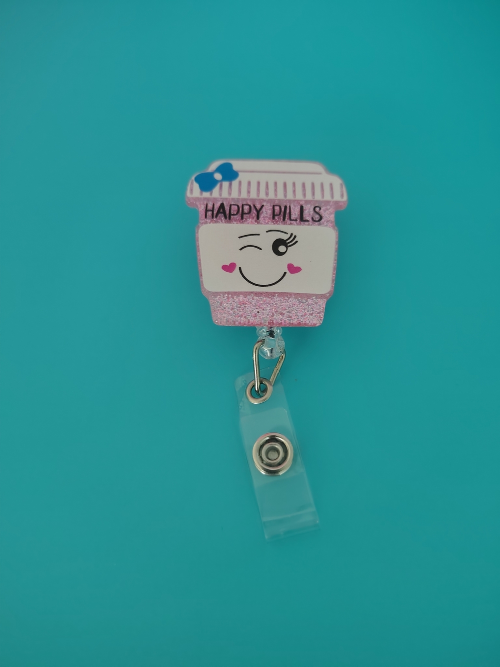 NEW Happy Pills Pink Glitter ID Badge Reel